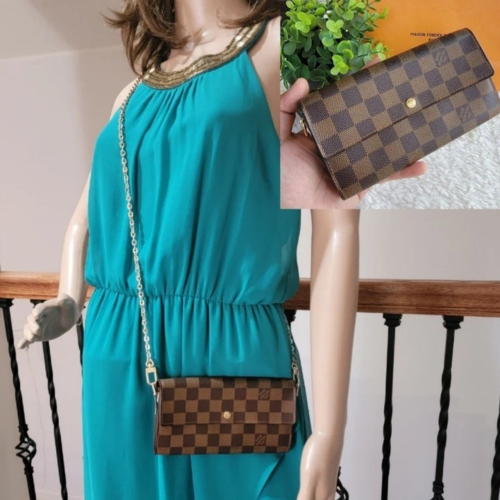 LOUIS VUITTON Damier Ebene Sarah Long Wallet MODIFIED Crossbody Wallet On Chain